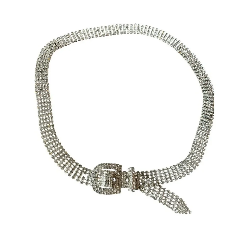 Vintage Rhinestone Crystal Wide Mesh Chain Belt Women One Size Silver Glam Y2K